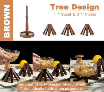 Sansnow Wooden Tree Shape Trivet Set, Bamboo Trivet Set with Organizer Rack Coaster Home Decor, Creative Housewarming Gift，Brown