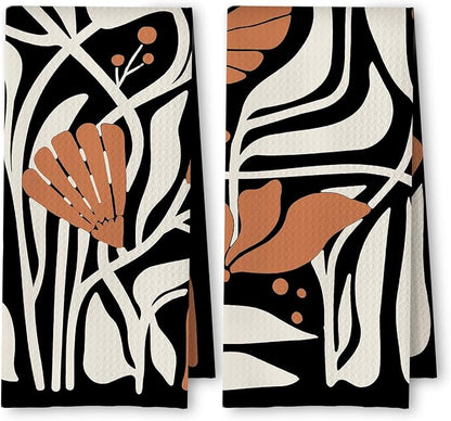 Abstract Boho Black and Beige Brown Floral Kitchen Towels Set of 2, 70s Retro