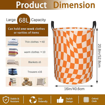Groovy Retro Wavy Checkered Orange Laundry Basket, Waterproof Foldable Laundry