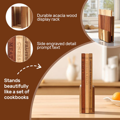 Book Cutting Board Set with Wood Stand, Wooden Cutting Boards for Kitchen,Knife Friendly Decorative Board that Look Like Books, Easy to Store & Clean,Unique Gift for Book Lovers & Home Cooks