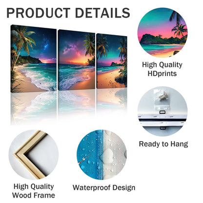 weiyiart 3 Panels Palm Tree Beach Wall Art, Cool Ocean Sunset with Northern Lights Canvas Prints, Tropical Coastal Seascape Decor for Living Room Bedroom Bathroom Office, 12"x16"x3pcs