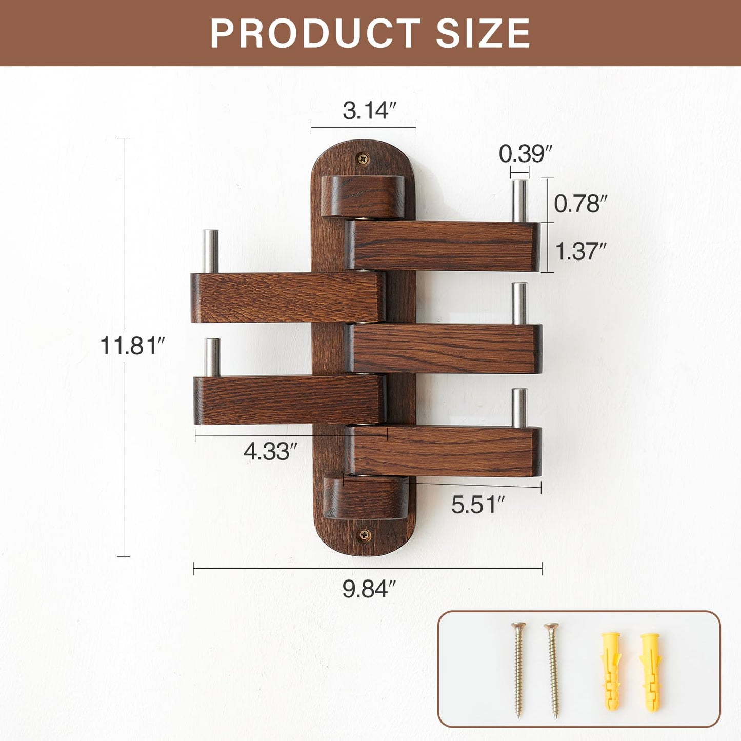 TRWISWDC Swivel Coat Rack Oak Coat Hooks, Wood Wall Hooks with 5 Swivel Foldable Arms, 12'' Length Wall Coat Rack Hat Hooks for Bathroom Entryway Bedroom Office Kitchen, Heavy Duty (Walnut)