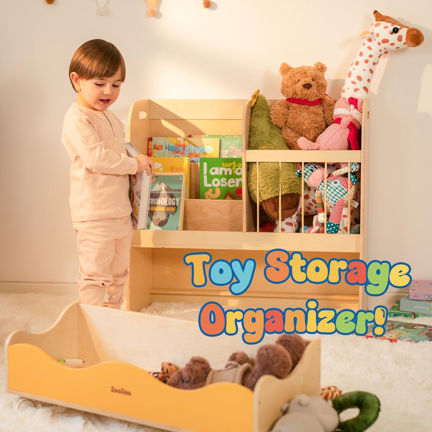 Zoolino 3-in-1 Kids Bookshelf and Toy Storage Organizer, Wooden Book Shelf for Kids Rooms with Large Stuffed Animal Storage & Removable Bins, Space-Saving Nursery Furniture for Toddlers, Natural
