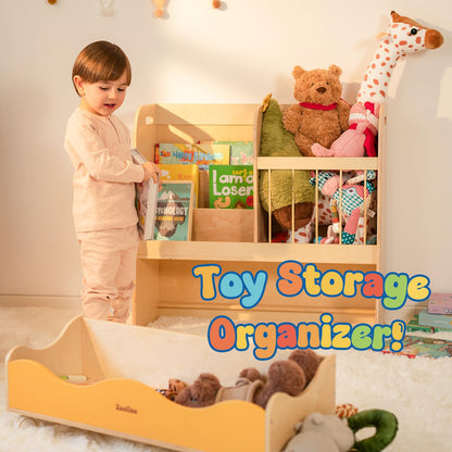 Zoolino 3-in-1 Kids Bookshelf and Toy Storage Organizer, Wooden Book Shelf for Kids Rooms with Large Stuffed Animal Storage & Removable Bins, Space-Saving Nursery Furniture for Toddlers, Natural