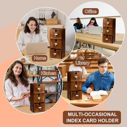 DLUGOPIS 3 Tier Index Card Holder 3x5 Wooden Card Catalog Box with 3 Drawers Brown Index Card Storage Box Flash Card Holder 25 Index Card Dividers 2 Letter Smile Stickers for Office