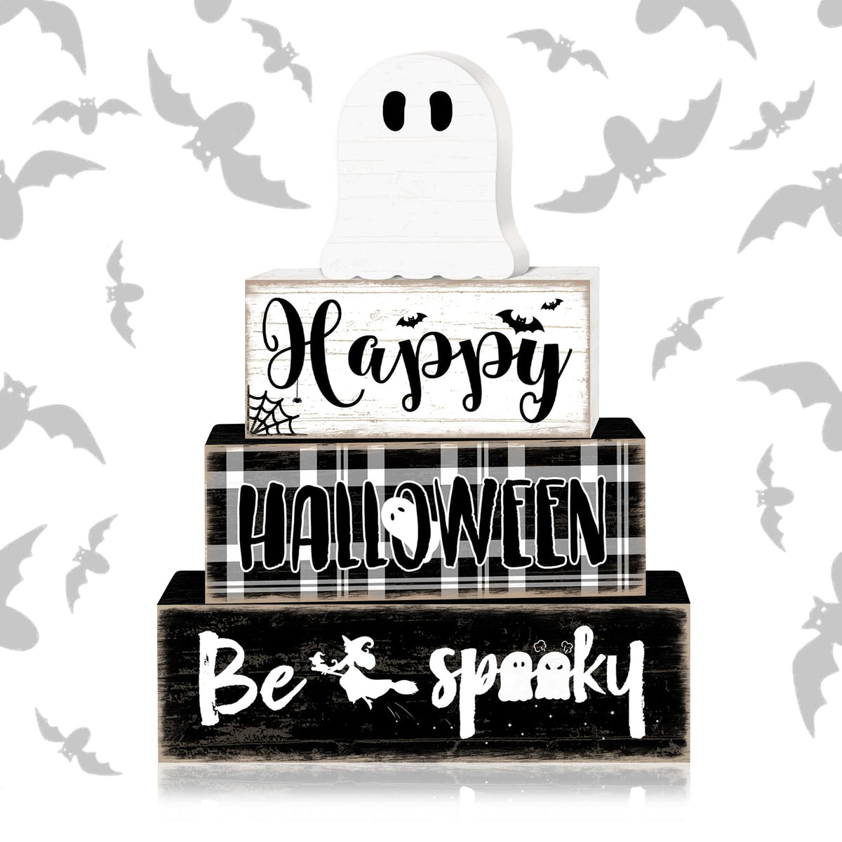 Britimes 4 Pcs Halloween Decorations for Home Ghost Table Decor Halloween Tiered Tray Decorations Set Gift Spooky Stack Block Signs Rustic Farmhouse Tabletop Decor for Table & Home Office
