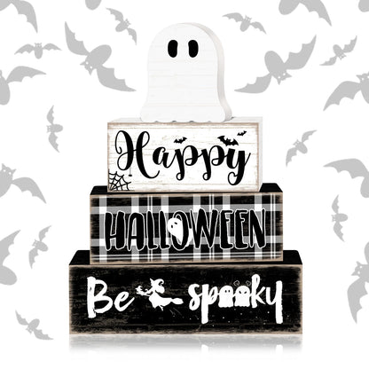 Britimes 4 Pcs Halloween Decorations for Home Ghost Table Decor Halloween Tiered Tray Decorations Set Gift Spooky Stack Block Signs Rustic Farmhouse Tabletop Decor for Table & Home Office