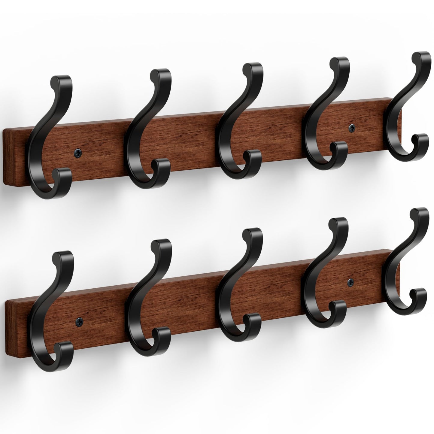 Jasopaco Solid Wood Wall Mounted Coat Rack, Heavy Duty 5 Hook Wooden Hanger with Metal Hooks for Hanging Hats, Coats, Towels, Backpack, Keys in Closet, Entryway, Bedroom, Bathroom, 2 Pack.