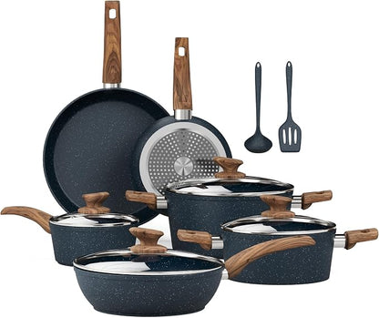 Kitchen Academy Blue Pots and Pans Set Non Stick, 12Pcs Induction Cookware | Premium die-cast aluminum, nonstick granite coating, fast heating, easy to clean, PFOA & PFOS free, toxic-free cooking