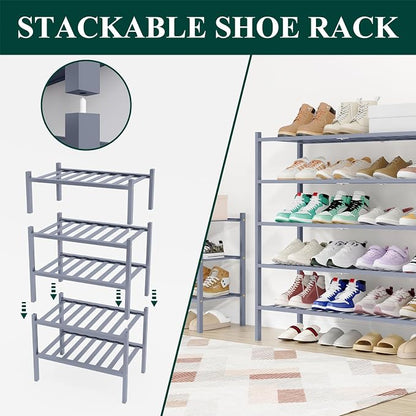 Smiry Long Bamboo Shoe Rack, 2 Tier Free Standing Wooden Shoe Organizer, Stackable Wood Shoe Storage Shelf for Closet, Entryway, 12 Vertical Slats, One-piece Standard Legs, 33.7"x11"x13", Grey