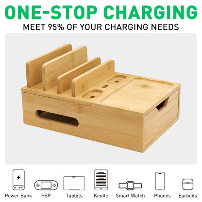 Bamboo Charging Station for Multiple Devices, Desk Charging Organizer with Drawer & Tray, Wood Docking Station for Multi Devices, Cell Phone, Tablet (Included 6 Cables, 5 Port USB Charger)
