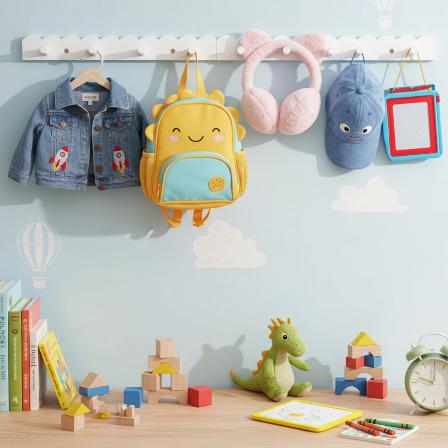 Leinuosen 2 Pack Scalloped Coat Rack Wall Mount Cute Nursery Wall Hook 16 Inch 8 Hooks Wood Backpack Hanger for Toddler Kids Clothes Hat Towel Keys Bathroom Classroom Playroom Nursery Decor