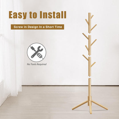 Azaeahom Coat Rack, Coat Racks Freestanding with 8 Hooks 3 Adjustable Heights for Clothes, Hats, Handbags, Coat Tree Easy Assembly for Entryway, Bedroom, Hallway, Office(Nature 2PCS)