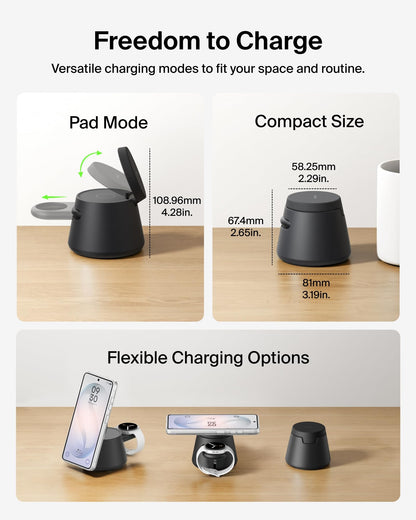 Belkin 3-in-1 Wireless Charging Station for Samsung Galaxy S26, Android - Qi2.2 25W Magnetic Charger for Pixel 10, iPhone 17, USB C Port for Galaxy, Pixel, & Apple Watch (Watch Charger Not Included)