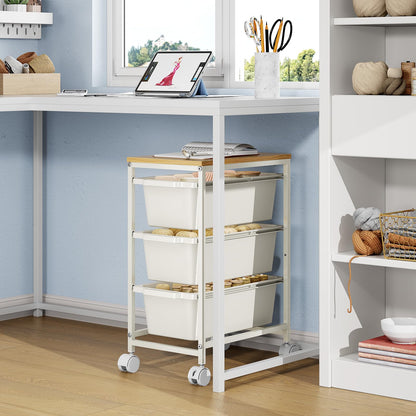 Slim Rolling Storage Cart with 3 Drawers, Craft Organizer, Wooden Tabletop Utility Cart for Bedroom, Children's Room and Office Organization, Under Desk Trolley with Lockable Wheels,White