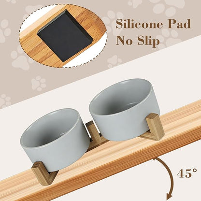 Ceramic Dog and Cat Bowl Set with Wooden Stand Matte Glaze Elevated Food Water Set Anti-Tip Non-Slip Weighted for Cats Small Breed Dogs-Grey-13.3OZ