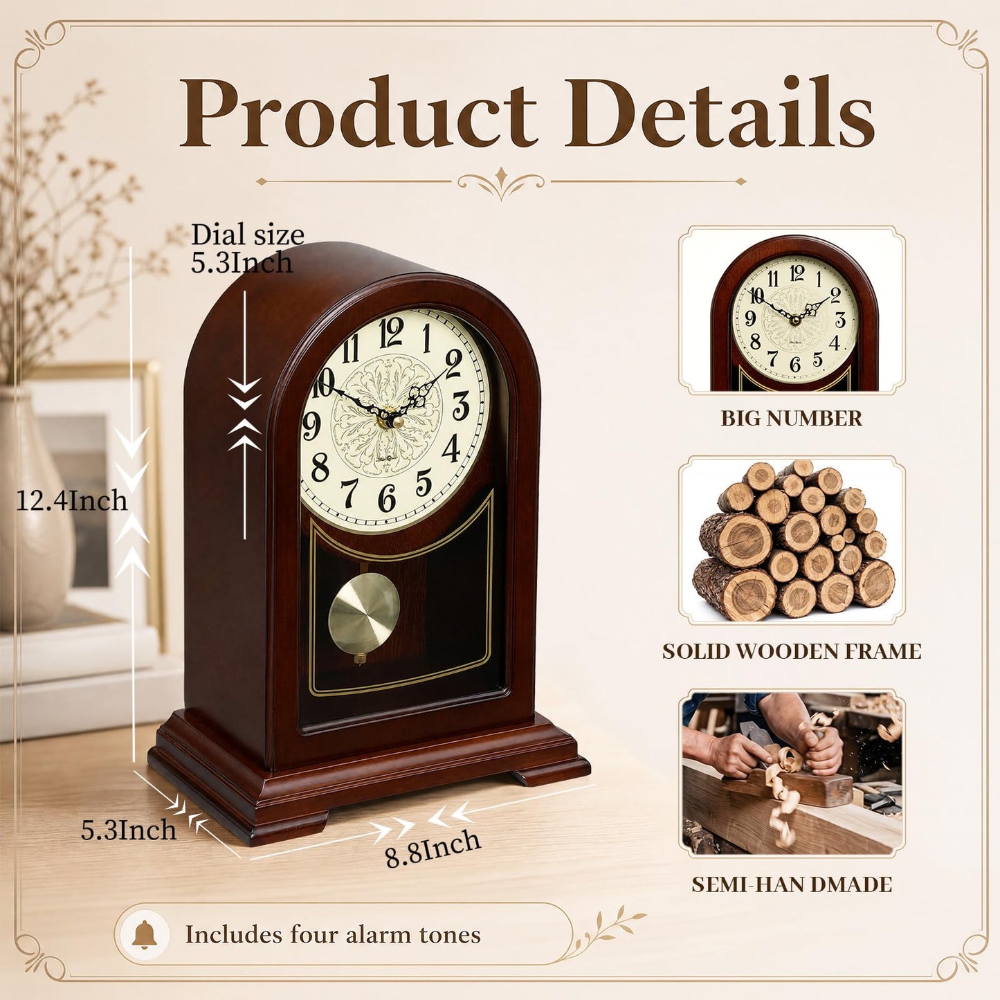 Tondiamo Brown Wooden Mantel Clock with Hourly Chime Swinging Round Pendulum Silent Quartz Desk Clocks Table Clock for Living Room Decor Above Fireplace Shelf Office, Battery Operated