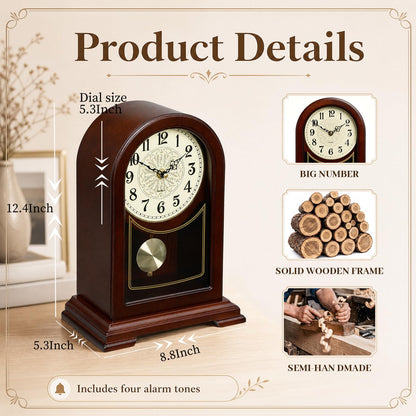 Tondiamo Brown Wooden Mantel Clock with Hourly Chime Swinging Round Pendulum Silent Quartz Desk Clocks Table Clock for Living Room Decor Above Fireplace Shelf Office, Battery Operated
