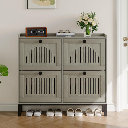 IDEALHOUSE Shoe Cabinet with 4 Flip-Drawers, Wooden Entryway Storage Organizer with Adjustable Shelf, Hidden Shoe Rack for Hallway & Living Room, Grey