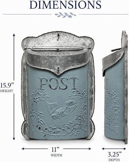I Vintage Style Post Box I Nostalgic Charm Home Decor I Farmhouse Design I 15.9" Height x 11" Wide (Blue)