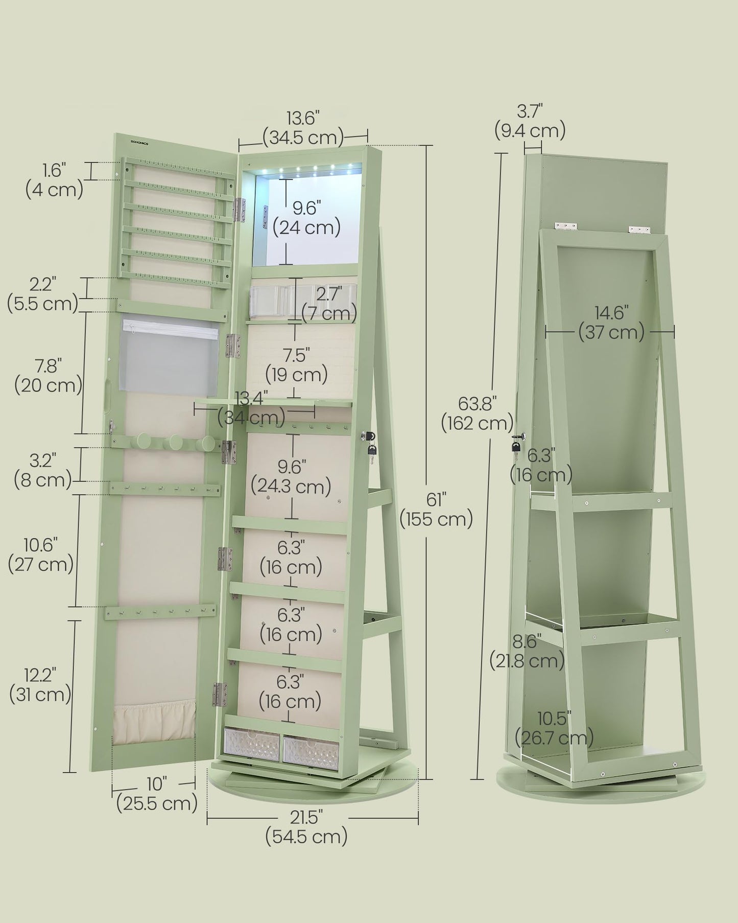 SONGMICS 6 LEDs Lockable Mirror Jewelry Cabinet, 360° Swivel Jewelry Organizer Armoire Standing, Frameless Full-Length Mirror, 3 Storage Shelves, Laurel Green Surface, Cream White Lining UJJC007C01