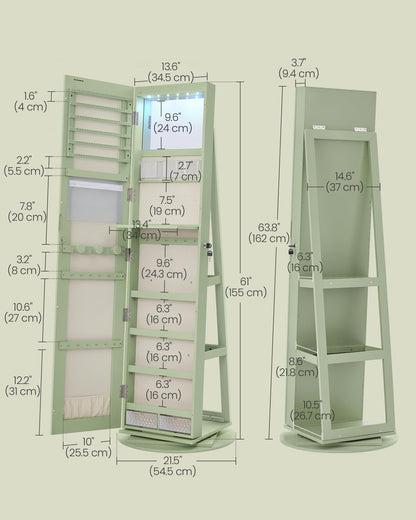SONGMICS 6 LEDs Lockable Mirror Jewelry Cabinet, 360° Swivel Jewelry Organizer Armoire Standing, Frameless Full-Length Mirror, 3 Storage Shelves, Laurel Green Surface, Cream White Lining UJJC007C01