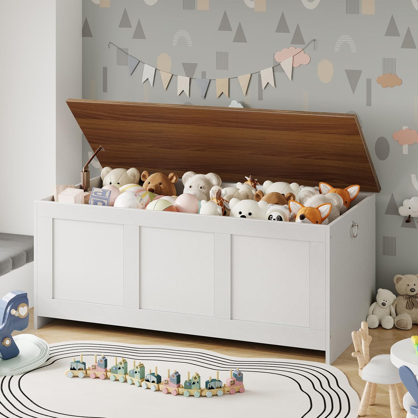 HOOBRO Storage Bench, 43.3" Retro Wooden Storage Chest, Wooden Storage Trunk, Toy Chest with Lift Top, Multifunctional Entryway Organizer, for Entryway, Living Room, White and Walnut WH411CW01