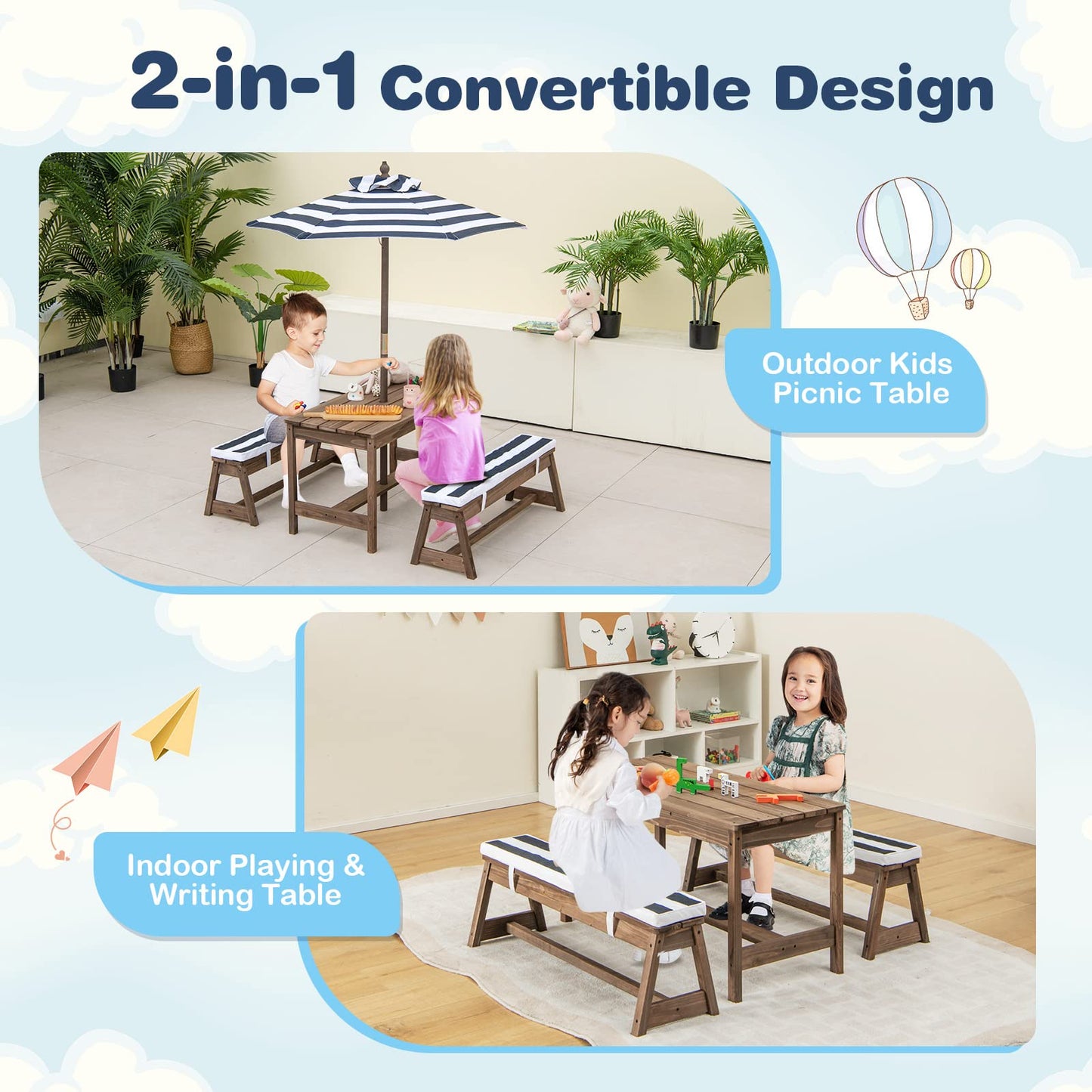 Kids Picnic Table Set with Benches and Umbrella, Foldable Wooden Table and Chair Set for Indoor and Outdoor Use, Playroom Furniture for Toddlers, Children, Baby (Blue)