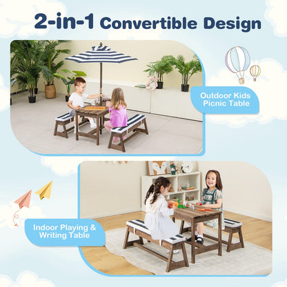 Kids Picnic Table Set with Benches and Umbrella, Foldable Wooden Table and Chair Set for Indoor and Outdoor Use, Playroom Furniture for Toddlers, Children, Baby (Blue)