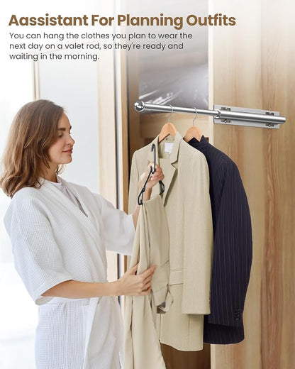 Supforce Valet Rod for Closet Pull Out, Retractable Slide Out Valet Rod Closet Organization, 12" Aluminum Valet Clothing Hanger Rods Perfect for Suits, Freshly Pressed Clothes, Polished Chrome