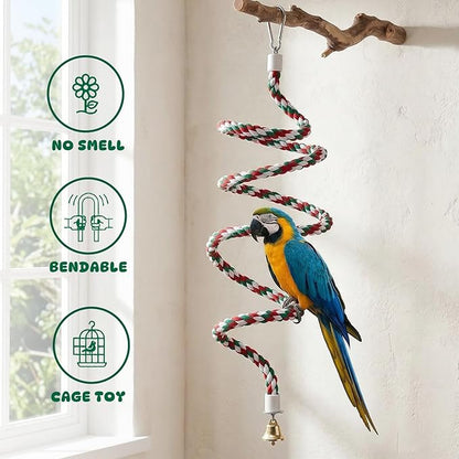2 Pack Bird Ropes Straight & Spiral Flexible Cotton Rope with Bell Bird Cage Toys for Parakeets Cockatiels Budgies Lovebirds Conures