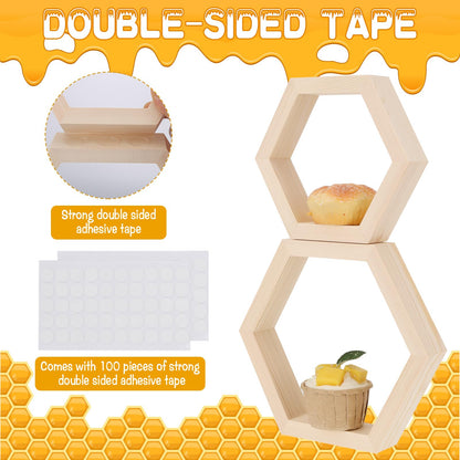 CIEOVO 10 Pcs Honey Comb Decorations, 5 Sizes Farmhouse Wood Hexagon Shelves Honeycomb Centerpiece Cupcake Stand Bee Hive Display Holder for DIY Birthday Wedding Baby Shower Honeybee Party Decor
