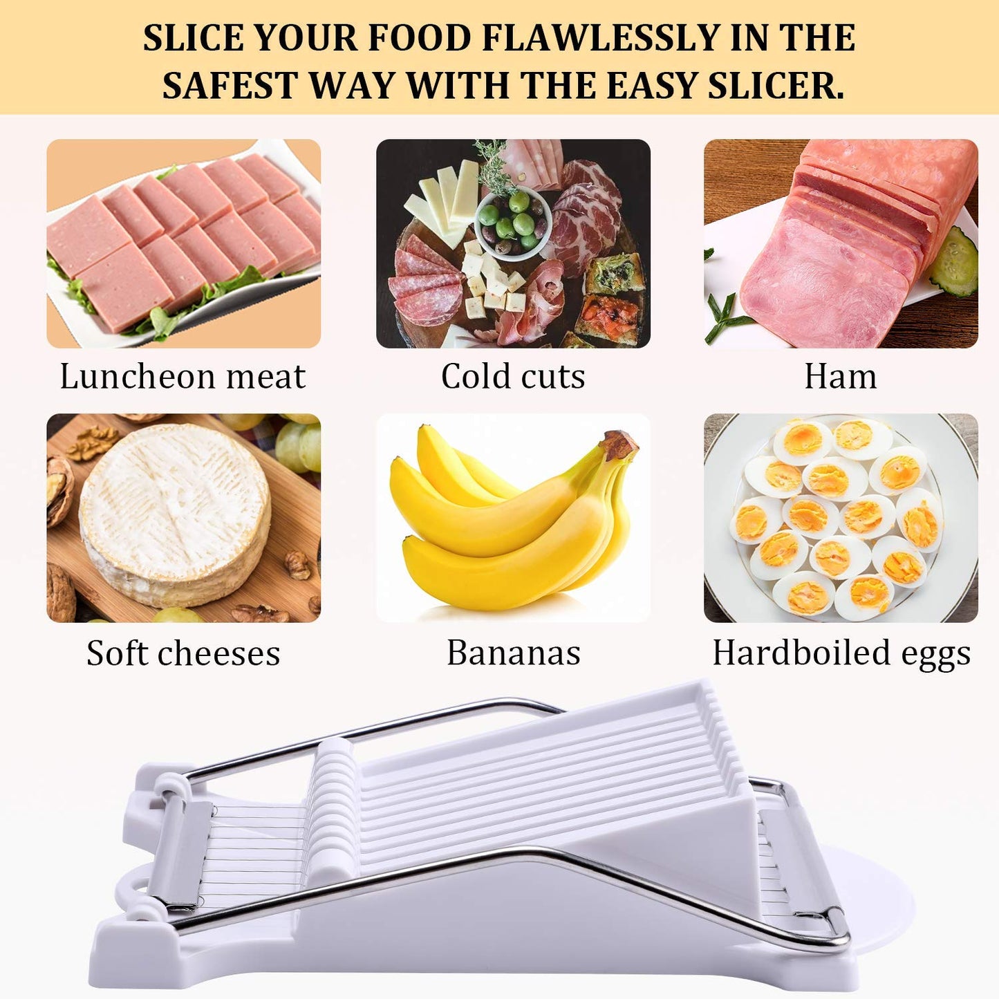 NVTED Slicer, Luncheon Meat Slicer Boiled Egg Fruit Soft Cheese Butter Slicers Cutter, Stainless Steel Wires, Cuts 10 Slices (White)