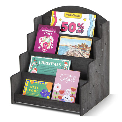 PUERSI Greeting Card Display Stand, Wooden 4-Tier Postcard Display Stand Holder for Sticker, Vendors, Retail Stores, Black