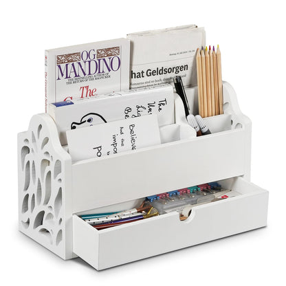 Desk Organizer with Drawer Wood File Office Mail Organizer Countertop-5 Slot Tabletop Storage Pen Organizer Letter Holder for School Home Office Supplies (White)