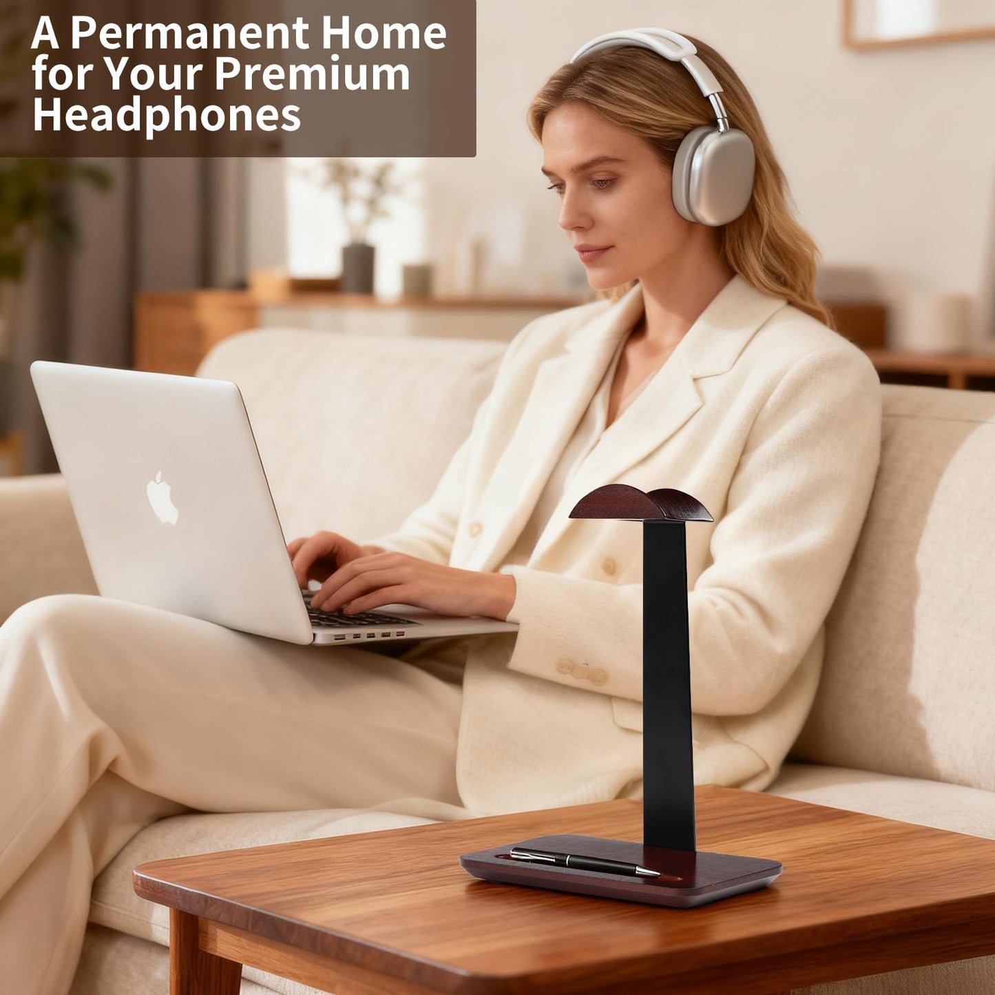 Vruelia Walnut Wood Headphone Stand with Pen Holder