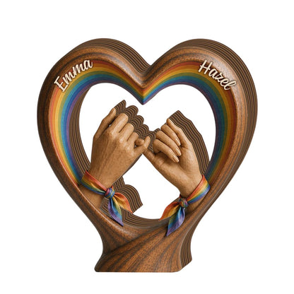 Personalized LGBTQ Wooden Heart Plaque, Rainbow Hand Holding Decor Gift Custom Pride Month Shelf Sitter Meaningful Couple Present Tabletop Keepsake Home Room Decoration