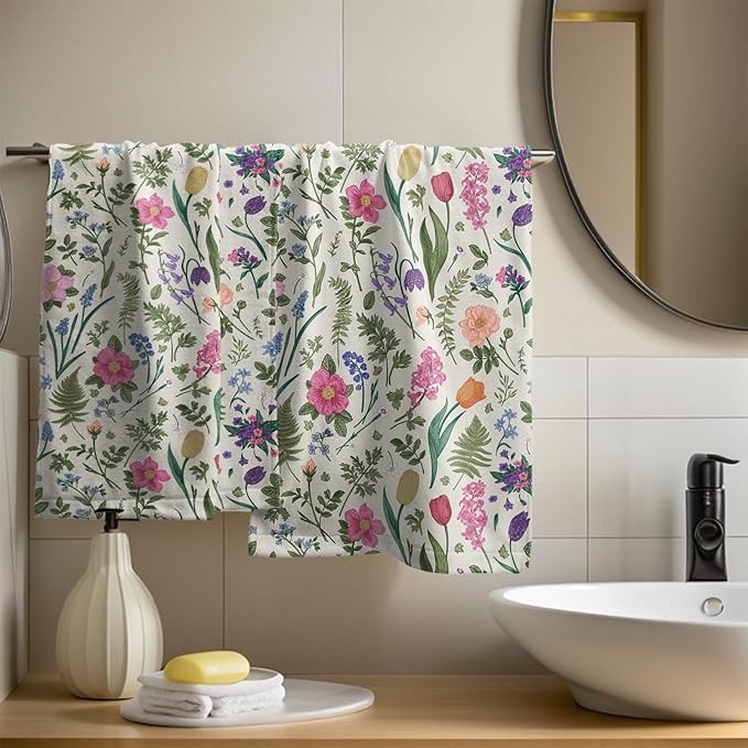 Spring Floral Hand Towels for Bathroom Set of 2 Pink Flowers Sage Green Leaves
