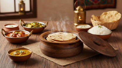 Handcrafted Wooden Mexican Tortilla Warmer Basket Indian Chapati Roti Bread Holder Box Pancake Keeper Serveware Hot Pot Casserole Dish With Lid Home Kitchen Dining Decor, Natural Brown, 9 x 3.5 Inches