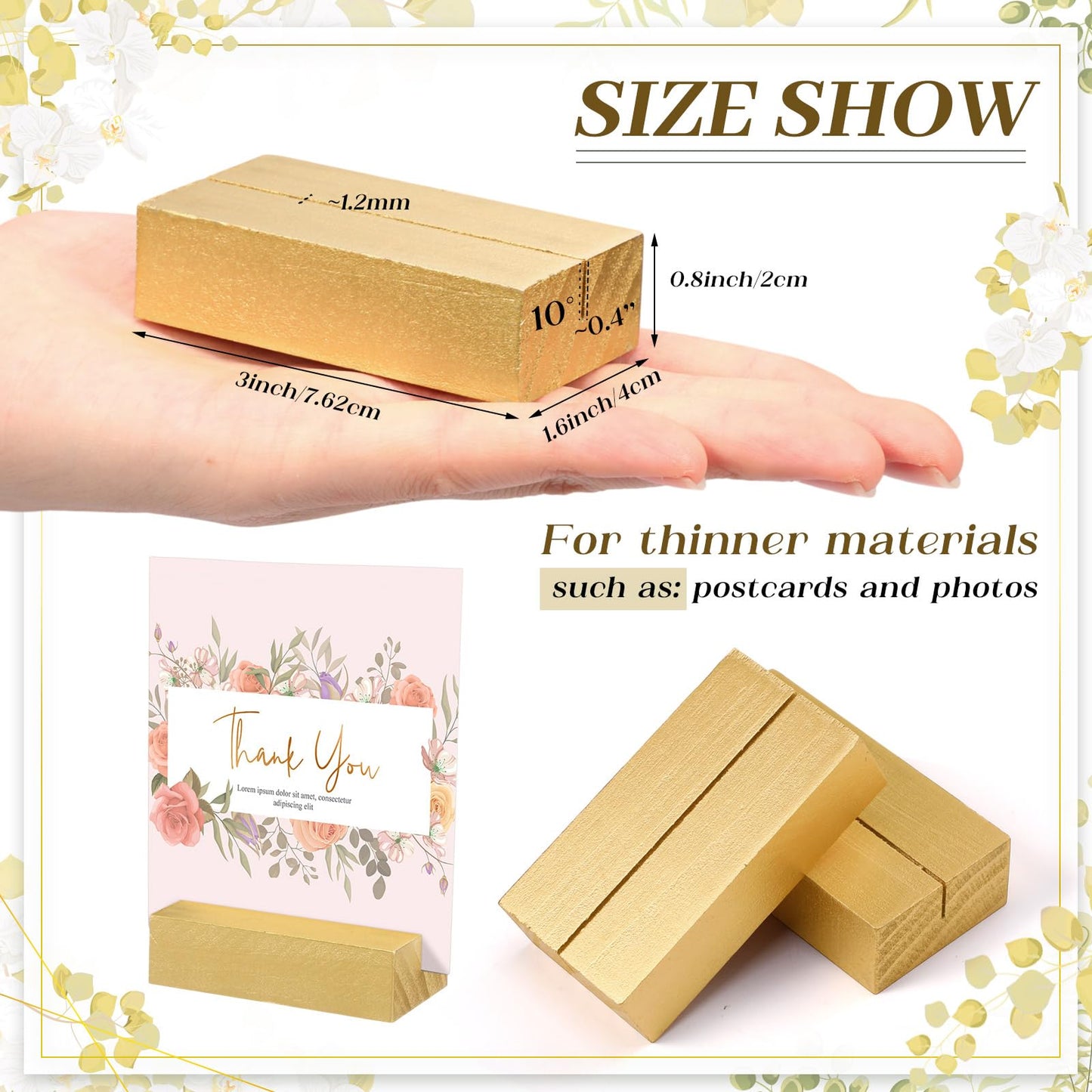 Zonon 12 Pcs Wood Place Card Holders Wooden Table Number Holder Stands Name for Wedding Party Events Exhibition Decoration Office Restaurant Business(Card,Gold,3 x 1.6 x 0.8 Inch)