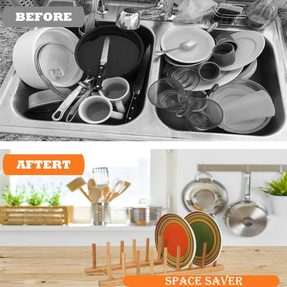 Yuixoseu 4 Pcs Bamboo Wooden Dish Drying Rack, Plate Organizer for Cabinet Space Saver and Kitchen Counter, Cutting Board Organizer for Pot Lid, Bowl, Cup, Book and More