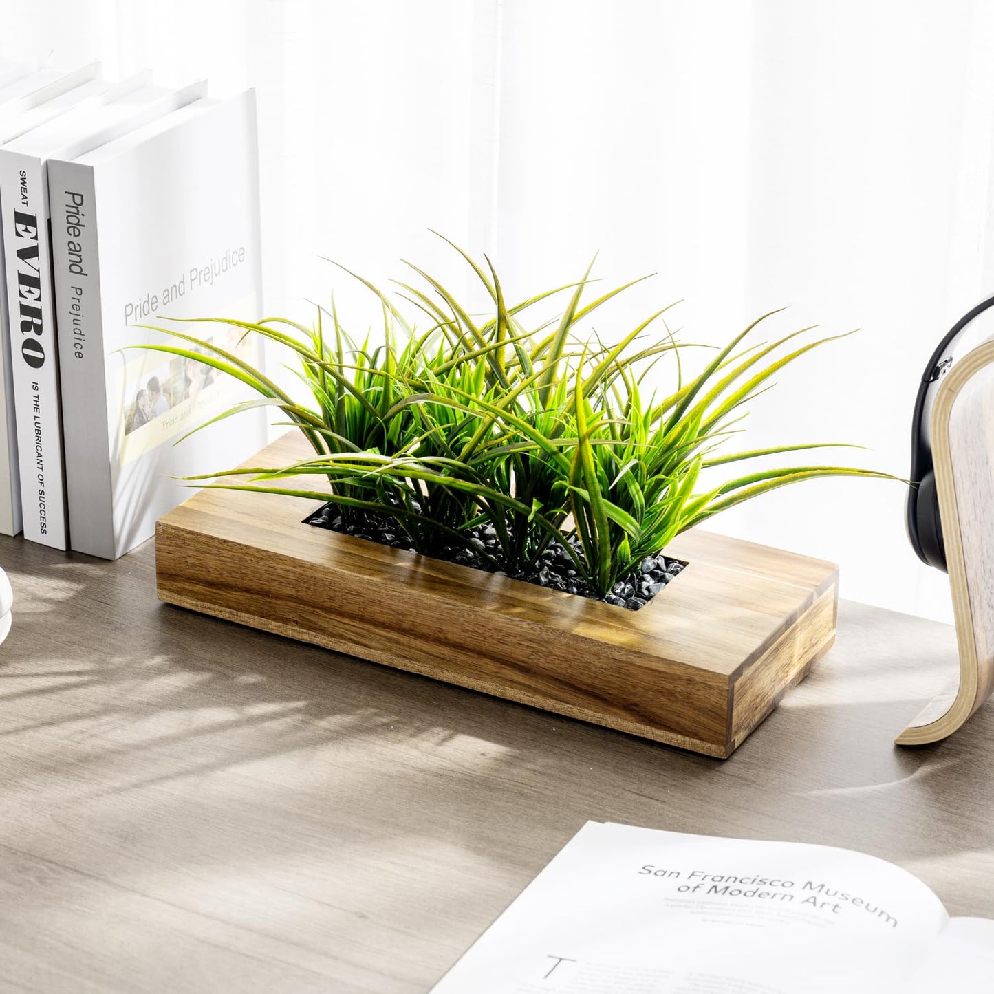 MyGift Large Artificial Green Grass Plants Potted in 14 Inch Premium Acacia Solid Wood Rectangular Planter Box, Decorative Tabletop Faux Greenery Centerpiece Décor