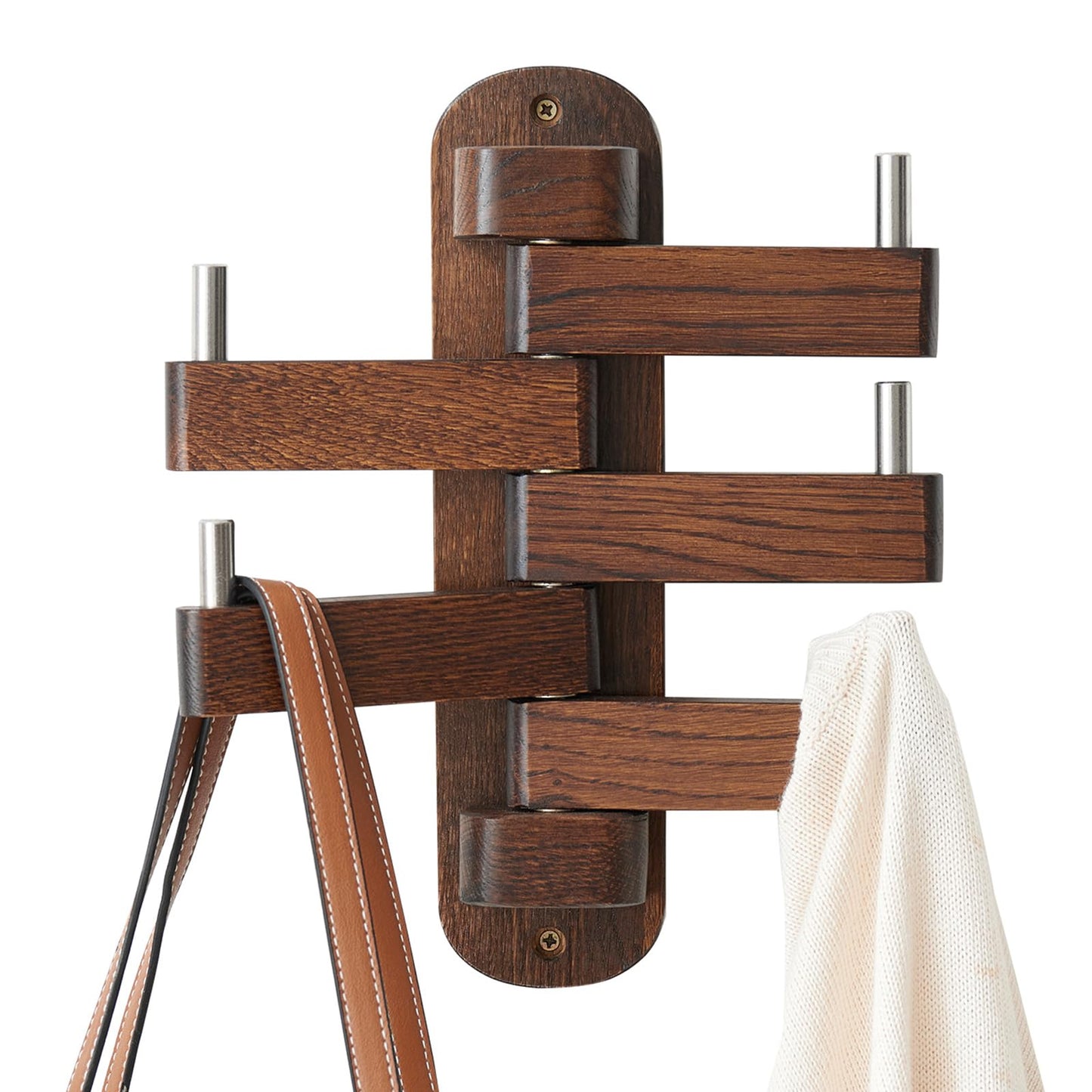 TRWISWDC Swivel Coat Rack Oak Coat Hooks, Wood Wall Hooks with 5 Swivel Foldable Arms, 12'' Length Wall Coat Rack Hat Hooks for Bathroom Entryway Bedroom Office Kitchen, Heavy Duty (Walnut)