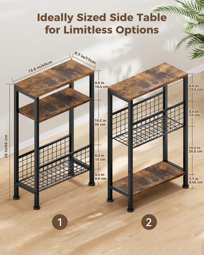 Karii Narrow Side Table, Skinny End Table for Small Spaces with Storage, 3-Tier Slim Wooden Bedside Nightstand Thin Couch Table for Living Room Bedroom Office Dorm Kitchen Bathroom (1, Rustic Brown)