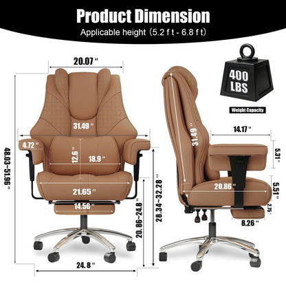 400lbs Big and Tall Office Chair, Wide Ergonomic Leather Executive Chair for Heavy People with Foot Rest, High-Back Reclining Computer Chair with Swivel Wheels and Lumbar Support (Brown)
