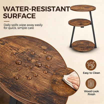 BEWISHOME Round Side Table, 3-Tier End Table, Nightstand with Metal Frame, Vintage Accent Table for Small Spaces with Storage Shelf, Living Room, Bedroom, Brown, 15.35"L x 13.78"W x 23.62"H, KTZ41Z
