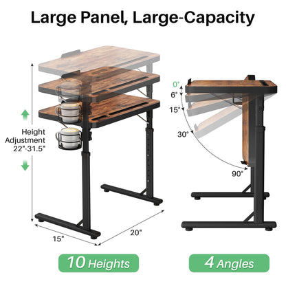 Kitstorack Adjustable TV Tray Table, Large Folding TV Food Tray with Tilting Tabletop, Rotatable Cup Holder, Device Slot & Anti-Slip Stopper, TV Dinner Tray Table for Couch, Bed, Work & Eating