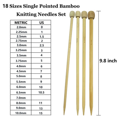 Hobekoee Knitting Needles Set,36 PCS 9.8" Straight Single Pointed Bamboo Knitting Needles ＆ 18 Pairs 31.5” Bamboo Circular Knitting Needles Set with Colorful Plastic Cable,18 Sizes: 2mm-10mm