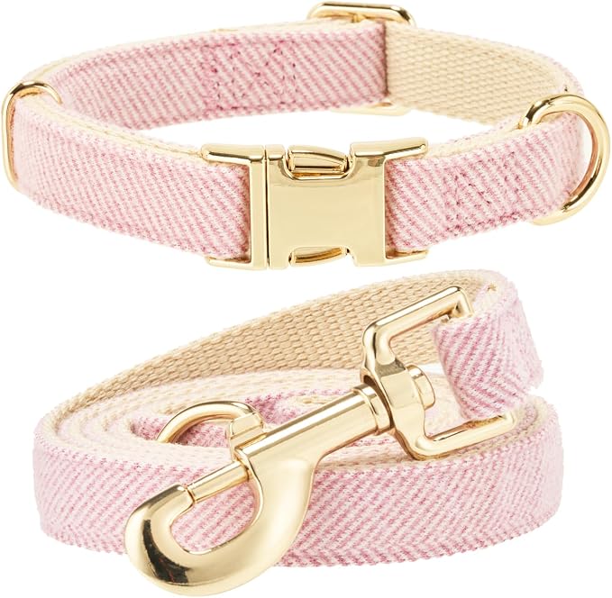 Luxury Soft Cotton Tweed Fabric Dog Collar & Leash Set with Gold Buckle – Durable Fabric, Stylish Design for Everyday Walks(Small Pink)