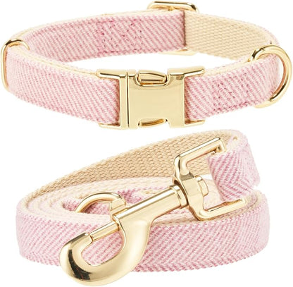 Luxury Soft Cotton Tweed Fabric Dog Collar & Leash Set with Gold Buckle – Durable Fabric, Stylish Design for Everyday Walks(Small Pink)